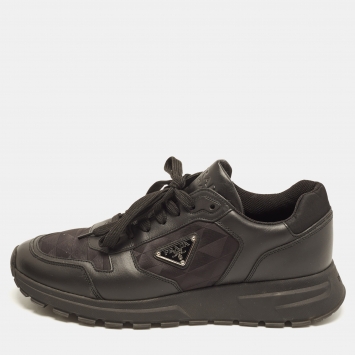 Pre Owned Prada Prax 2.0 Size 43 Black Leather and Nylon Lace Up Sneakers
