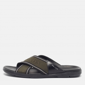 Pre Owned Prada Size43.5 Green/Black Canvas and Leather Logo Tape Crisscross Flat Slide