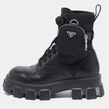 Pre Owned Prada Monolith Size 40.5 Black Nylon Ankle Length Boots