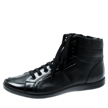 Pre Owned Prada Sport Black Leather High Top Lace Up Sneakers Size 43