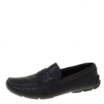 Pre Owned Prada Black Leather Penny Slip On Loafers Size 43.5