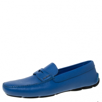 Pre Owned Prada Blue Saffiano Leather Penny Loafers Size 44.5