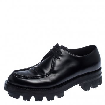 Pre Owned Prada Black Leather Lug Sole Lace Up Oxford Size 42