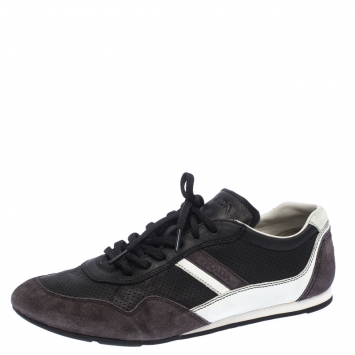 Pre Owned Prada Sport Black Perforated Leather And Suede Lace Up Low Top Sneakers Size 43