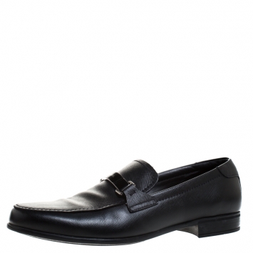 Pre Owned Prada Black Saffiano Leather Plate Bit Logo Loafers Size 42.5
