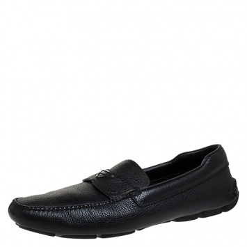 Pre Owned Prada Black Leather Slip On Loafers Size 44