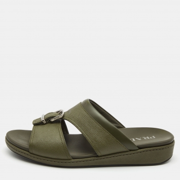 Pre Owned Prada Olive Green Saffiano Leather Buckle Slide Slipper Size 44.5