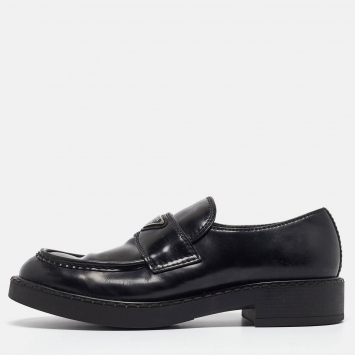 Pre Owned Prada Black Leather Badge Front Chocolate Brushed Loafers Size 43