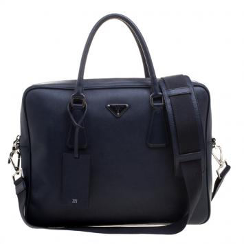 Pre Owned Prada Navy Blue Saffiano Leather Classic Laptop Bag