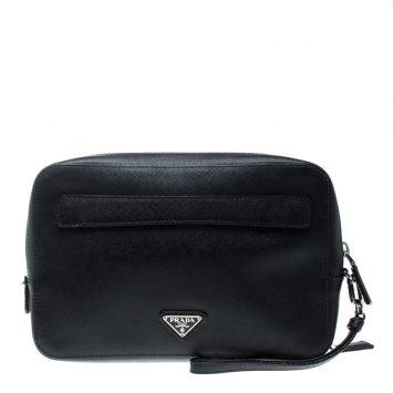 Pre Owned Prada Black Saffiano Leather Portfolio Zip Clutch