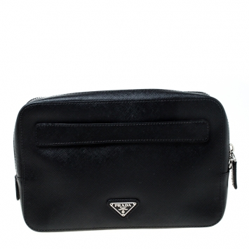 Pre Owned Prada Black Saffiano Leather Studded Travel Pouch