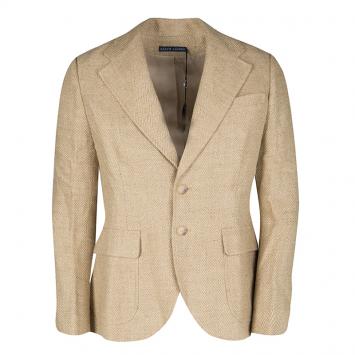 Pre Owned Ralph Lauren Beige Herringbone Weave Linen Blend Two Button Blazer L