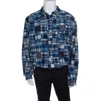 Pre Owned Ralph Lauren Indigo Checked Patch Work Detail Long Sleeve Shirt XXL