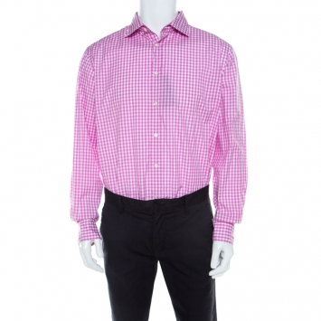 Pre Owned Ralph Lauren Pink and White Gingham Checked Cotton Aston Button Front Shirt XXL