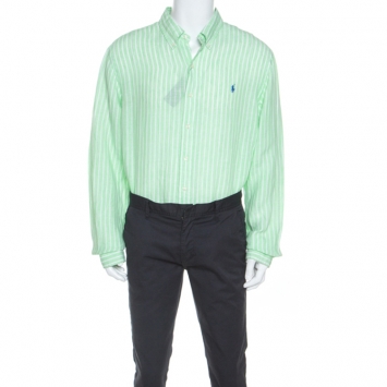 Pre Owned Ralph Lauren Green Striped Ocean Wash Linen Slim Fit Shirt XXL