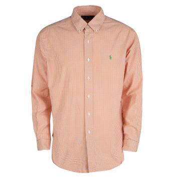 Pre Owned Ralph Lauren Orange and White Checked Cotton Long Sleeve Button Front Shirt L