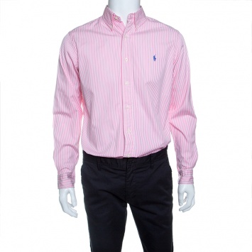 Pre Owned Ralph Lauren Pink and White Striped Cotton Button Down Custom Fit Shirt M