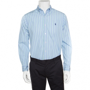 Pre Owned Ralph Lauren Blue Striped Cotton Long Sleeve Button Front Custom Fit Shirt M