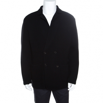 Pre Owned Ralph Lauren Black Rib Knit Merino Wool Double Breasted Cardigan L