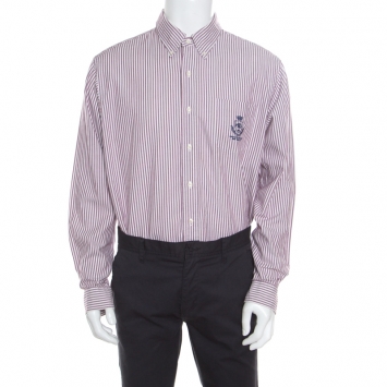 Pre Owned Ralph Lauren Burgundy Striped Crest Embroidered Detail Custom Fit Oxford Shirt XL