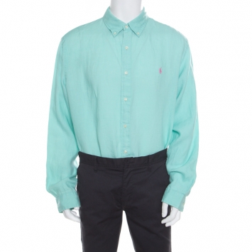 Pre Owned Ralph Lauren Mint Green Linen Logo Embroidered Slim Fit Button Down Shirt XXL