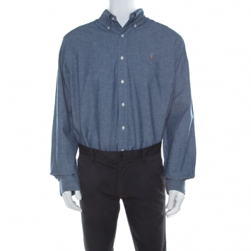 Pre Owned Ralph Lauren Blue Cotton Linen Blend Button Down Classic Fit Shirt XL 