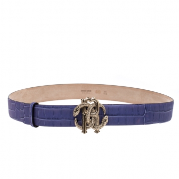 Pre Owned Roberto Cavalli Purple Croc Embossed Leather Logo Buckle Belt 100CM