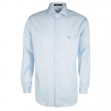 Pre Owned Roberto Cavalli Blue and White Striped Logo Embroidered Long Sleeve Button Front Shirt L