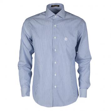 Pre Owned Roberto Cavalli Blue and White Striped Cotton Long Sleeve Slim Fit Shirt 4XL
