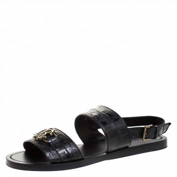 مملوكة مسبقًا Roberto Cavalli Black Croc Embossed Leather Logo Flat Sandals Size 41