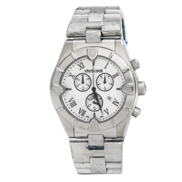 مملوكة مسبقًا Roberto Cavalli Silver Stainless Steel Diamond Time R7253616015 Chronograph Men's Wristwatch 45.50 mm
