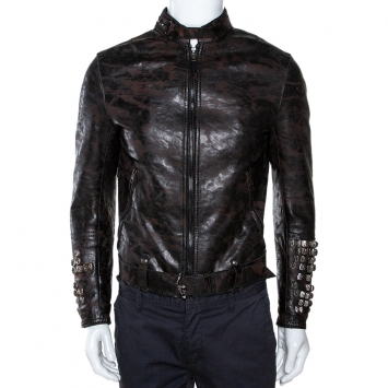 Pre Owned Roberto Cavalli Black Marble Print Leather Studded Jacket M 