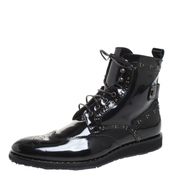 مملوكة مسبقًا Roberto Cavalli Black Brogue Leather Studded Lace Up Ankle Boots Size 43