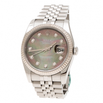 Pre Owned Rolex Dark Mother of Pearl 18K White Gold and Stainless Steel Diamonds Datejust 116234 Men's Wristwatch 36 mm