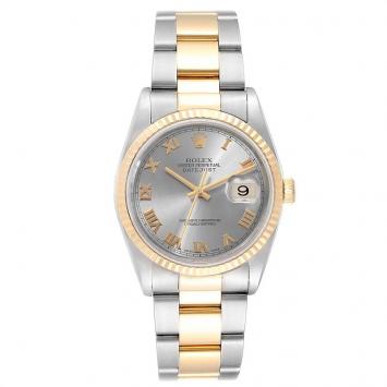 Pre Owned Rolex Slate 18K Yellow Gold and Stainless Steel Datejust 16233 Men's Wristwatch 36MM