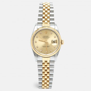 Pre Owned Rolex Champagne Diamond 18k Yellow Stainless Steel Datejust 16233 Men's Wristwatch 36 mm 