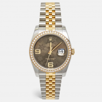 Pre Owned Rolex Brown Flower Motif 18K Yellow Gold Diamond Stainless Steel Datejust 116243 Unisex Wristwatch 36 mm 