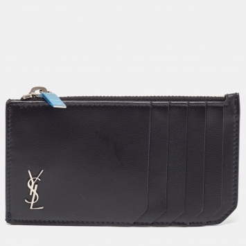 Pre Owned Saint Laurent Black Leather Zip Card Case