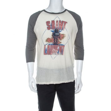 Pre Owned Saint Laurent Paris Bicolor Robot Print Cotton Wool Raglan Sleeve T-Shirt M