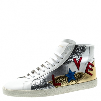 Pre Owned Saint Laurent Paris Tricolor Leather And Coarse Glitter Love High Top Sneakers Size 43.5