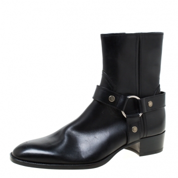 Pre Owned Saint Laurent Black Leather Harness Ankle Boots Size 41