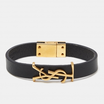 Pre Owned Saint Laurent Black Leather Cassandre Bracelet