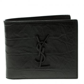 Pre Owned Saint Laurent Black Croc Embossed Leather Bifold Wallet