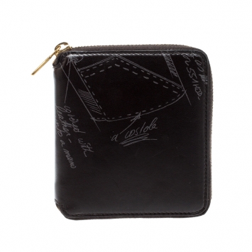 Pre Owned Saint Laurent Paris Black Printed Leather Zip Around Compact Wallet