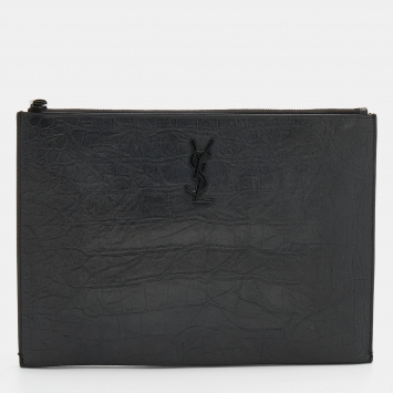 Pre Owned Saint Laurent Black Croc Embossed Leather Monogram Pouch