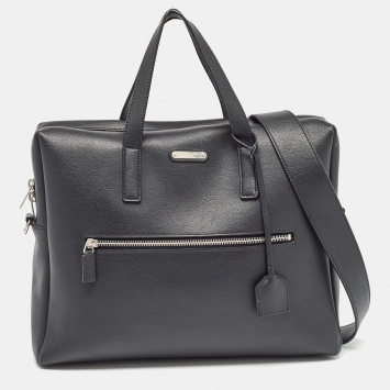 Pre Owned Saint Laurent Black Leather Front Pocket Briefcase Bag