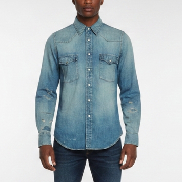 مملوكة مسبقًا Saint Laurent Blue Distressed Denim Western Shirt S