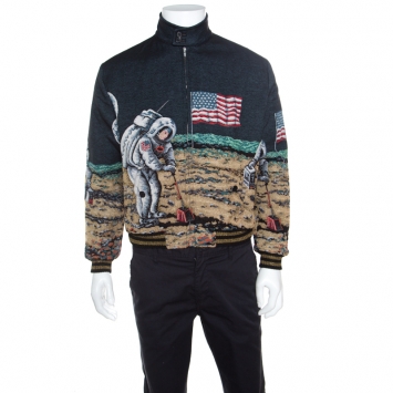 Pre Owned Saint Laurent Paris Astronaut and Moon Pattern Jacquard Bomber Jacket L