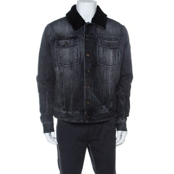 Pre Owned Saint Laurent Paris Black Shearling Lined Distressed Denim Jacket XL 