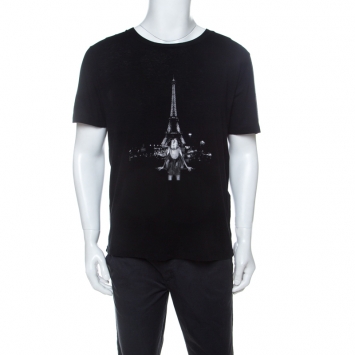 Pre Owned Saint Laurent Paris Black Cotton Eiffel Tower Printed T-Shirt M